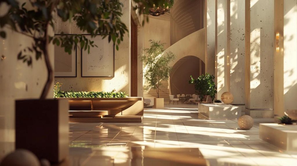 a stunning interior view of a luxurious sustainable hotel lobby in europe, featuring modern eco-friendly design elements, warm ambient lighting, and tasteful local artwork, creating an inviting atmosphere that reflects both comfort and commitment to sustainability.