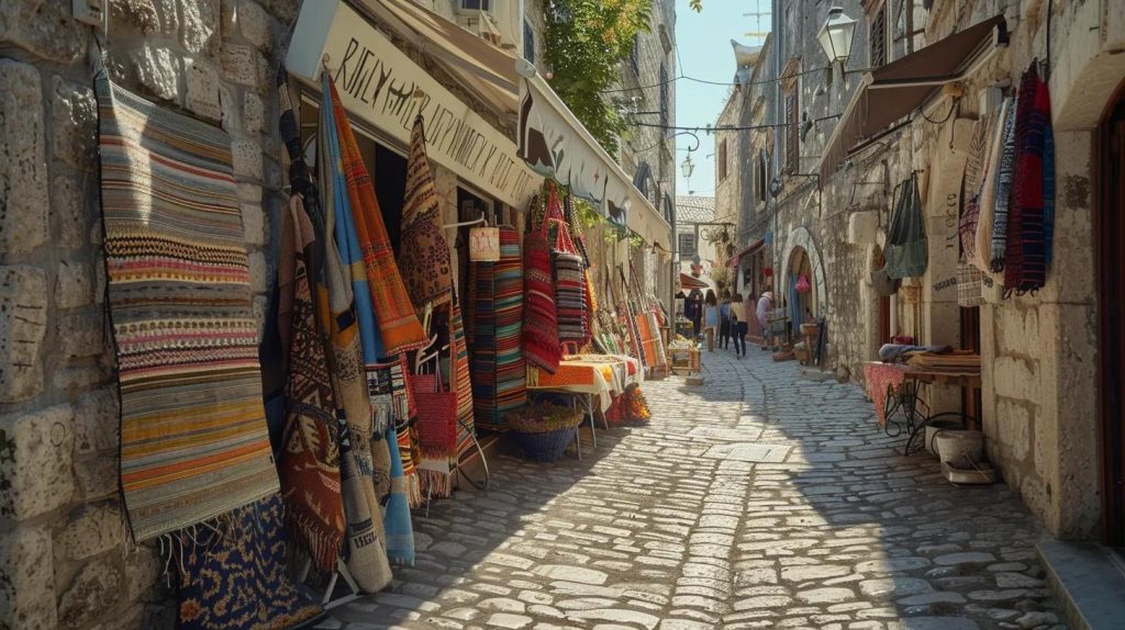 a vibrant street market in the heart of an ancient european city, bustling with local artisans showcasing their crafts, colorful textiles hanging between weathered stone buildings, and visitors savoring authentic culinary delights under warm, glowing lanterns.