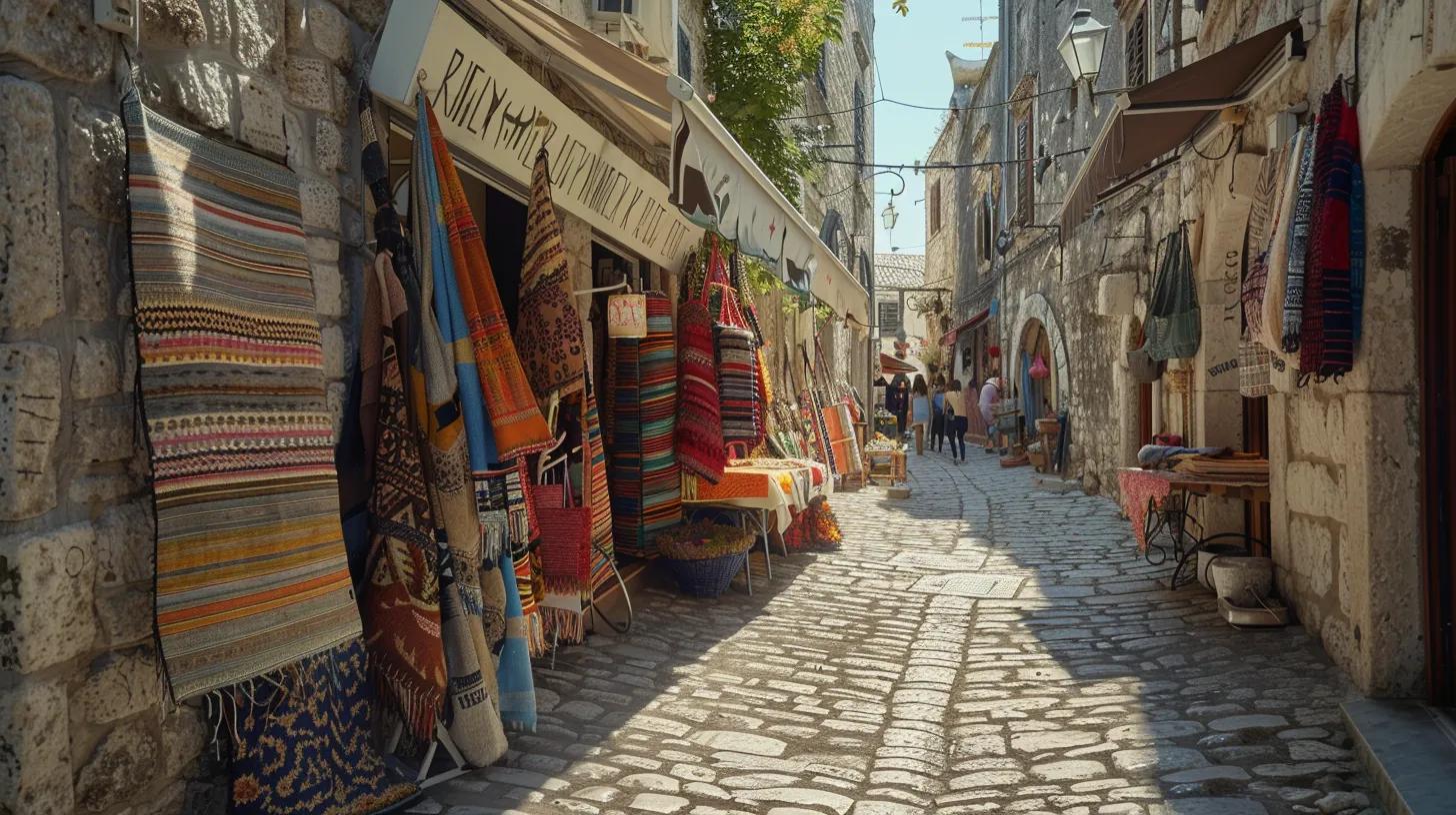 a vibrant street market in the heart of an ancient european city, bustling with local artisans showcasing their crafts, colorful textiles hanging between weathered stone buildings, and visitors savoring authentic culinary delights under warm, glowing lanterns.