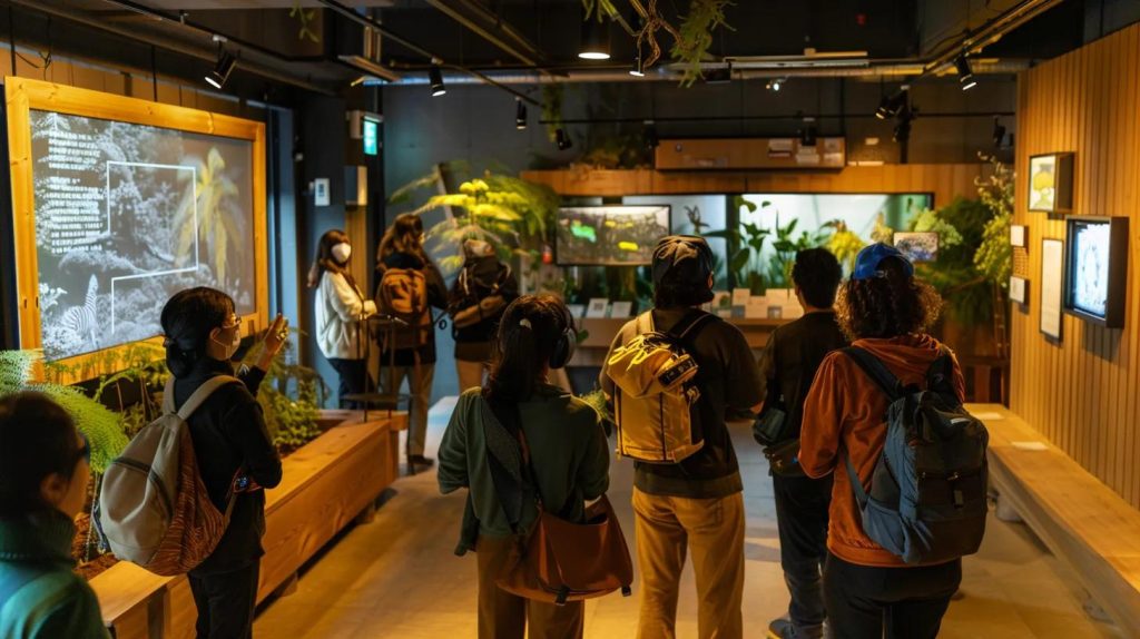 a vibrant urban scene captures eco-conscious travelers engaging in lively discussions during a wildlife conservation workshop set inside a cozy, modern venue, accentuated by informative displays showcasing local biodiversity and sustainable tourism practices.