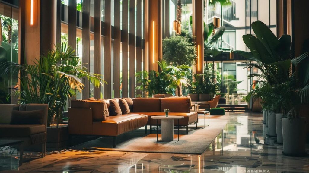an elegant, modern hotel lobby with eco-friendly design elements, featuring sustainable materials and innovative technology, offering a serene ambiance that reflects the essence of sustainable luxury for eco-conscious travelers in a chic european city.