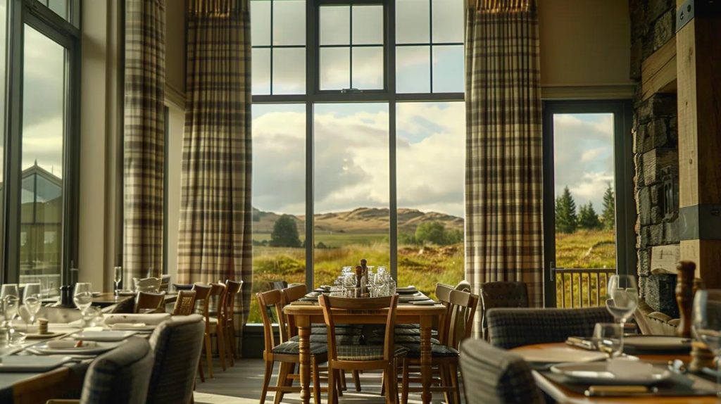 an elegantly designed scottish highland lodge interior showcases luxurious furnishings and sophisticated decor, featuring a cozy dining area prepared for gourmet meals, set against large windows that frame stunning views of the dramatic scottish landscape beyond, emphasizing the unique blend of traditional charm and modern luxury.