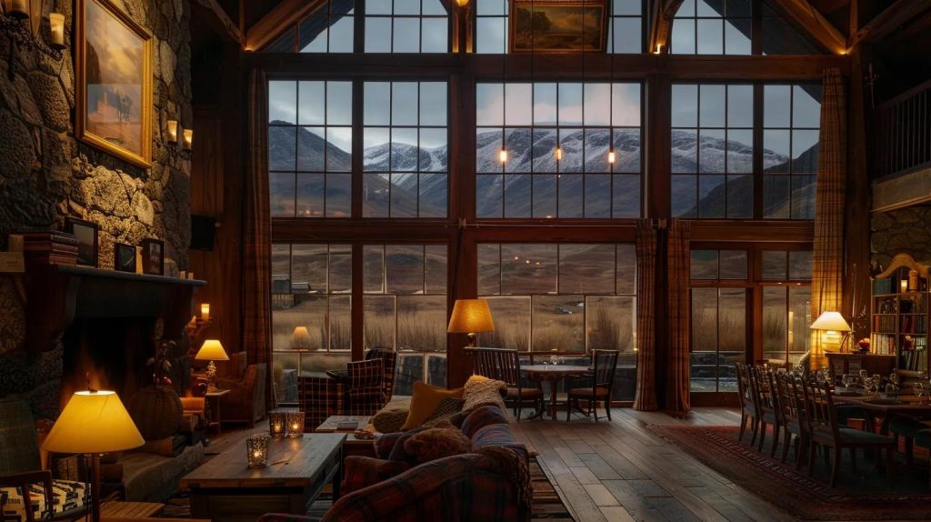 an inviting interior of a unique scottish lodge, featuring handcrafted furnishings and warm lighting, exudes a sense of history and character, set against a backdrop of the rugged highland landscape visible through large windows.