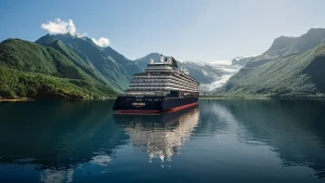 Expedition cruise ship EXPLORA III anchored in serene waters surrounded by majestic mountains and glaciers, representing adventure travel and exploration.