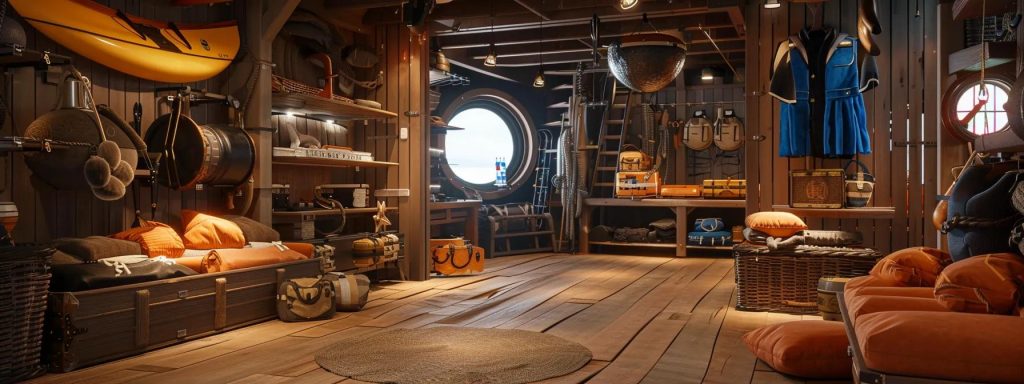 a dynamic indoor scene showcases a well-equipped expedition preparation space, featuring specialized gear and training materials, with an engaging visual emphasis on the anticipation of animal encounters in a small ship context.