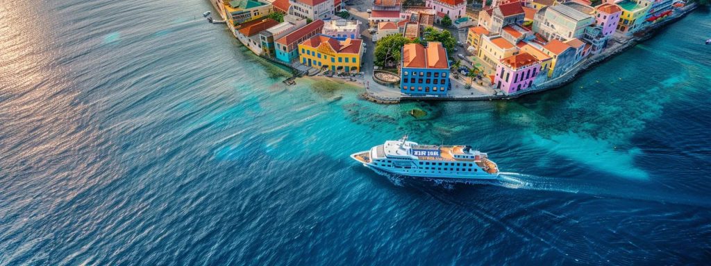 a sleek small cruise ship navigates through crystal-clear waters near a vibrant coastal town, showcasing colorful buildings and unique cultural elements that embody the allure of emerging travel destinations.