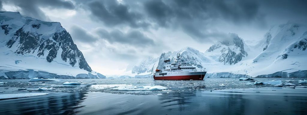 a sleek small expedition ship navigates through icy waters, surrounded by majestic wildlife, with dramatic cliffs rising in the background under a cloudy sky, capturing the thrill of intimate wildlife encounters.