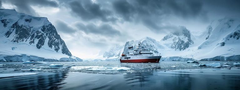a sleek small expedition ship navigates through icy waters, surrounded by majestic wildlife, with dramatic cliffs rising in the background under a cloudy sky, capturing the thrill of intimate wildlife encounters.