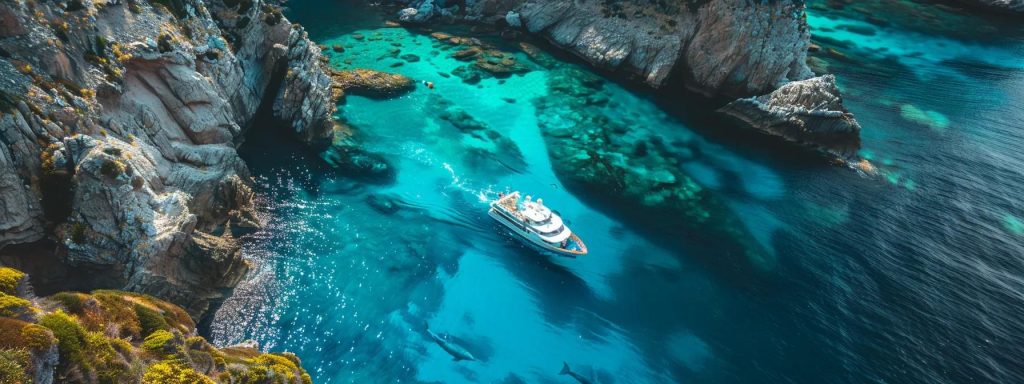 a small expedition ship navigates through crystal-clear turquoise waters, framed by dramatic cliffs and vibrant marine life, as curious dolphins leap joyfully alongside, showcasing the thrill of unforgettable wildlife encounters.