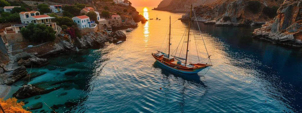 a small luxury ship anchored in a tranquil cove, revealing charming coastal villages and secluded beaches, with sun-kissed waters reflecting the vibrant hues of sunset, inviting travelers to explore exclusive hidden paradises.