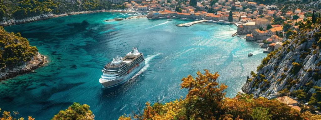 a vibrant and elegantly designed small cruise ship gracefully sails through crystalline waters, with unique and picturesque coastal towns visible in the background, highlighting a captivating travel destination experience.