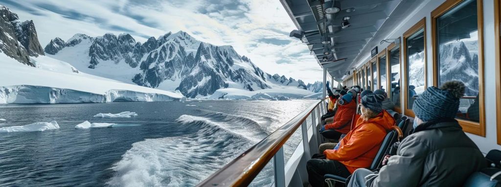a vibrant onboard scene captures a diverse group of excited travelers eagerly engaging with immersive expedition resources while spotting distant wildlife through panoramic windows, highlighting the thrill of active participation in their journey.