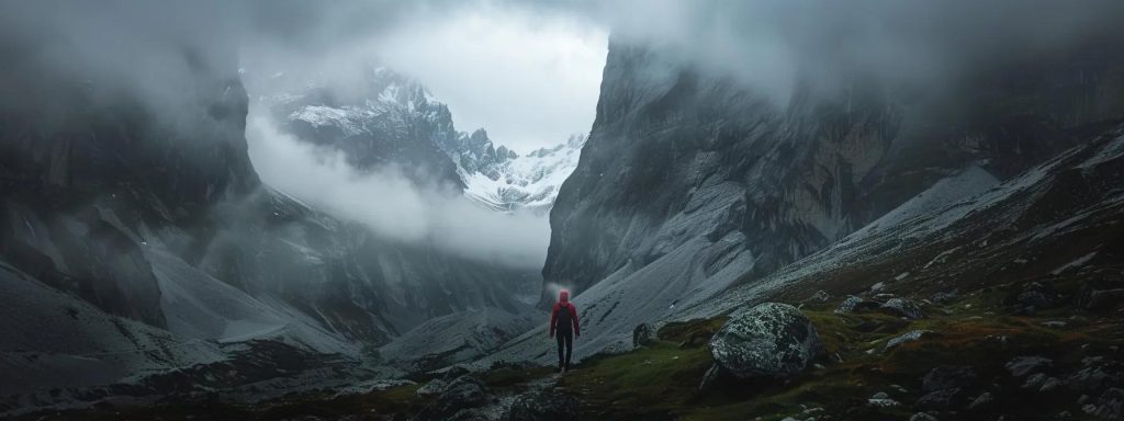a lone adventurer traverses a narrow, rugged mountain pass, framed by dramatic, snow-capped peaks under a moody, overcast sky, with soft light breaking through the clouds to accentuate the treacherous cliffs and evoke a sense of awe-inspiring exploration.