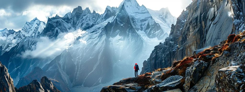 a lone adventurer traverses a narrow mountain pass, flanked by dramatic snow-capped peaks and jagged cliffs, with soft, diffused sunlight breaking through the clouds, evoking a sense of awe and the allure of unforgettable travel stories.
