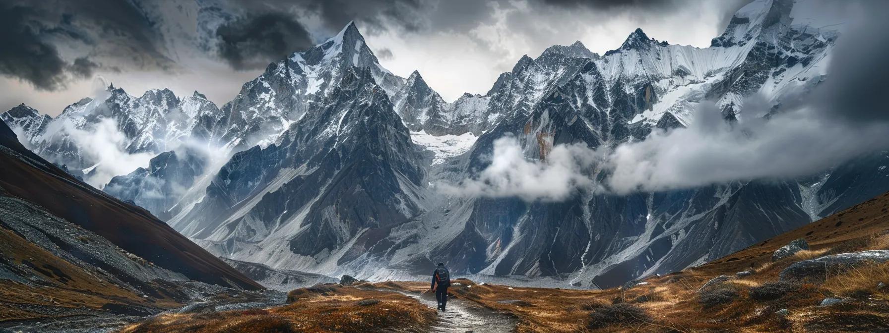 an adventurous lone traveler navigates a treacherous mountain pass, surrounded by towering, snow-capped peaks under a dramatic, overcast sky, with a narrow trail leading through the rugged terrain, illuminated by soft, diffused sunlight piercing the clouds.