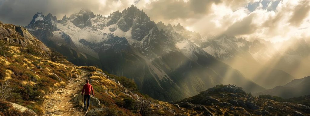 an intrepid adventurer courageously navigates a narrow, winding trail through a stunning mountain pass dominated by jagged, snow-capped peaks and dramatic, moody clouds, as beams of soft, diffused sunlight pierce the atmosphere, encapsulating the thrill of discovering extraordinary small ship cruise destinations.