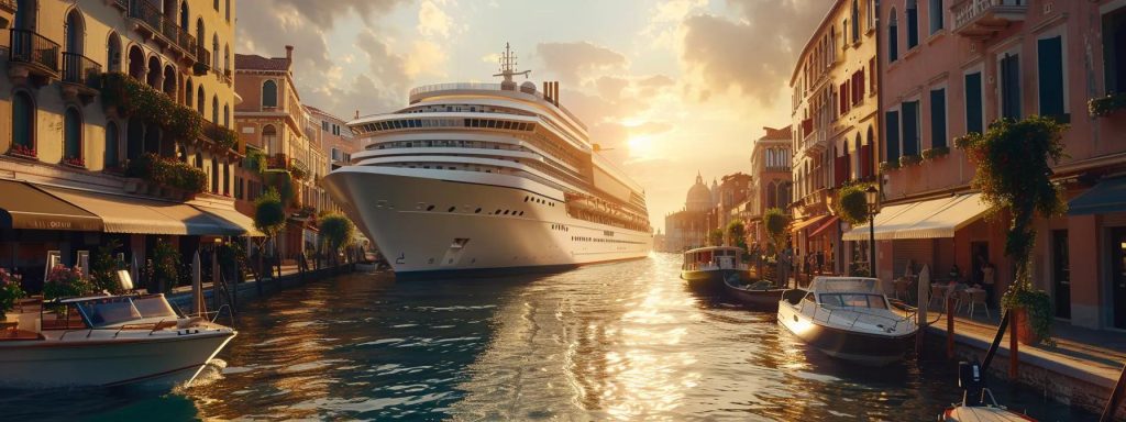 a sleek, modern cruise ship gracefully navigating a narrow, vibrant harbor lined with charming local shops and cafés, showcasing its unique ability to access intimate destinations that larger vessels cannot reach.