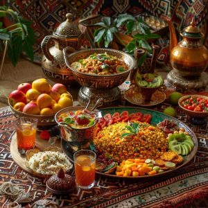 Afghanistan cultural experiences: Afghan dastarkhan with traditional dishes representing the rich cultural heritage of Afghanistan