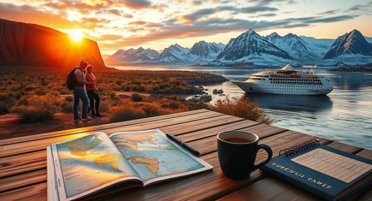 Custom travel planning with maps, notebooks, and cruise adventures at sunrise.