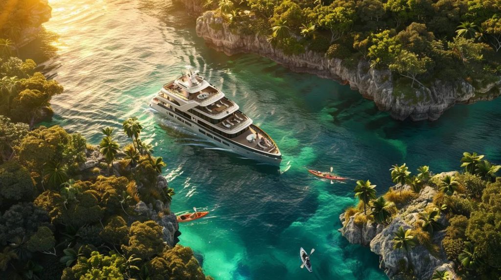Photorealistic, cinematic image of a small expedition ship navigating pristine, untouched coastal waters surrounded by lush, green landscapes and vibrant coral reefs visible beneath the clear water. The scene shows the ship’s passengers engaging respectfully with local environments—some kayaking quietly near mangroves, others observing wildlife like sea turtles or seabirds at a distance. Golden-hour light bathes the scene warmly, highlighting the harmony between the vessel and the natural surroundings. Subtle signs of sustainability appear, such as solar panels on the ship’s roof and no visible pollution. The atmosphere conveys responsible, immersive, and low-impact travel that nurtures and protects fragile ecosystems—ideal for a high-end travel magazine cover or wide web banner.