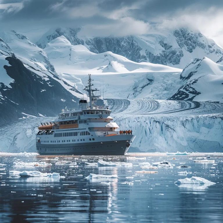 Expedition cruise ship navigating icy waters, highlighting authentic exploration and wildlife encounters