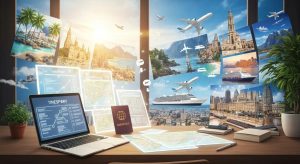 An inspirational, high-end travel scene combining a stylish workspace with glowing itinerary templates, maps, passports, and a laptop, seamlessly blending into a dreamy montage of iconic destinations—tropical beaches, mountains, historic landmarks, and bustling cities. Floating travel icons like planes, trains, and cruise ships connect the planning to the adventures, as if magically curated by experts. Cinematic magazine-cover style, warm and vibrant colors, soft sunlight, realistic textures with a slight depth of field, high-resolution digital art, conveying ease, excitement, adventure, and hassle-free travel planning.