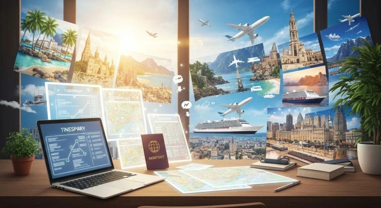 An inspirational, high-end travel scene combining a stylish workspace with glowing itinerary templates, maps, passports, and a laptop, seamlessly blending into a dreamy montage of iconic destinations—tropical beaches, mountains, historic landmarks, and bustling cities. Floating travel icons like planes, trains, and cruise ships connect the planning to the adventures, as if magically curated by experts. Cinematic magazine-cover style, warm and vibrant colors, soft sunlight, realistic textures with a slight depth of field, high-resolution digital art, conveying ease, excitement, adventure, and hassle-free travel planning.