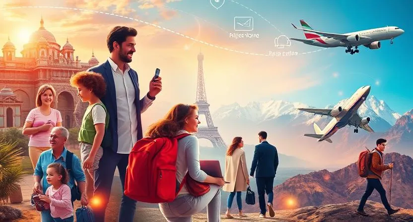 Families, solo travellers, and couples exploring iconic destinations with planes and maps symbolising curated itineraries.