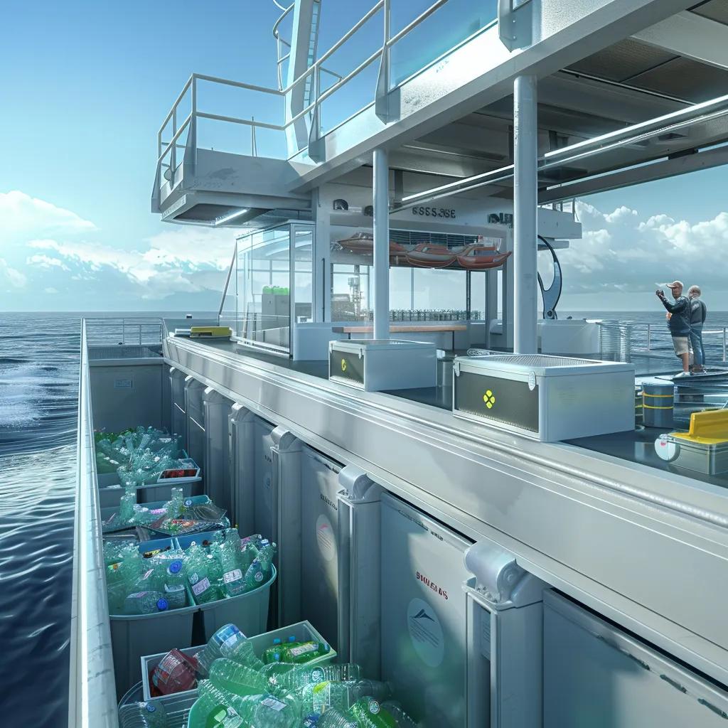 Onboard recycling stations and wastewater treatment systems showcasing eco-friendly waste management practices on small ships