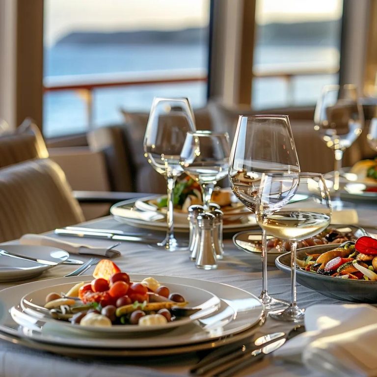 Gourmet dining setup on a small ship, showcasing culinary experiences and local flavors
