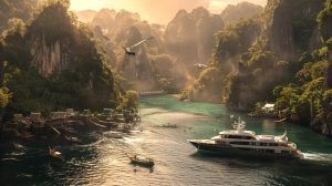 Scenic view of a tranquil bay with a luxury yacht, surrounded by lush mountains and tropical vegetation, highlighting the beauty of small ship expeditions in remote destinations.