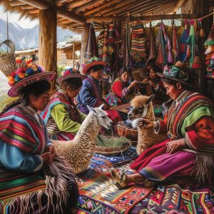 Travelers participating in an Andean weaving workshop, showcasing vibrant textiles and cultural immersion