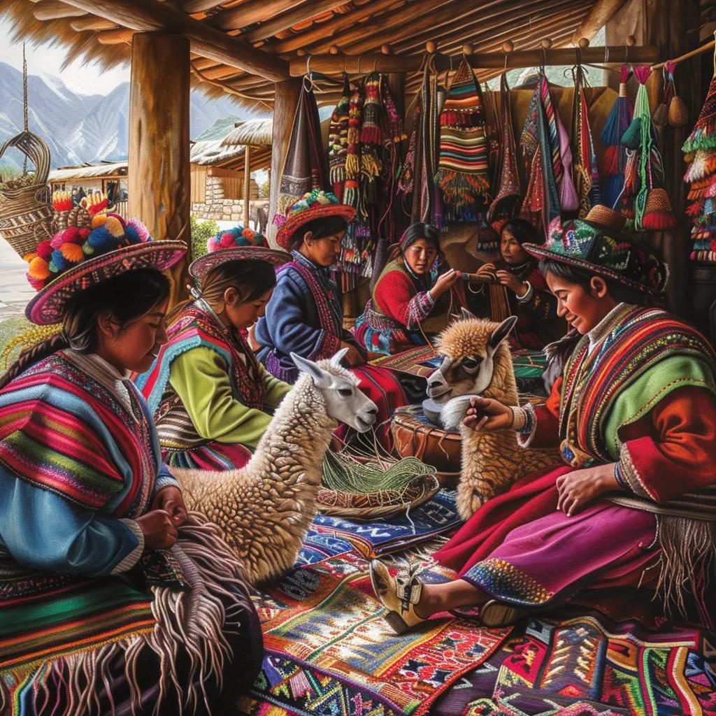 Travelers participating in an Andean weaving workshop, showcasing vibrant textiles and cultural immersion