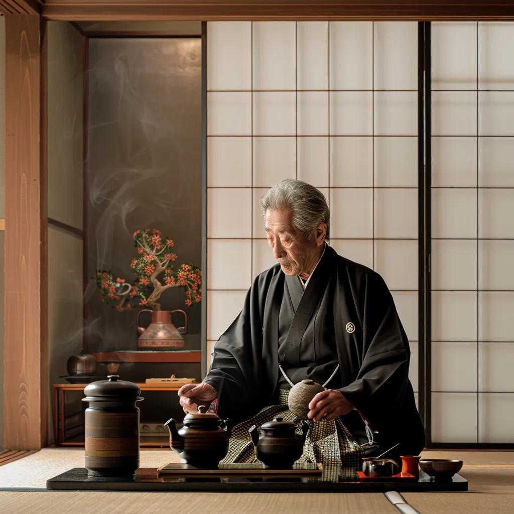 A traditional Japanese tea ceremony in Kyoto, highlighting the tea master and ceremonial utensils