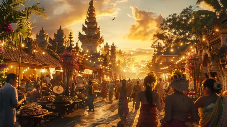 Immersive cultural travel montage featuring travelers joining local festivals with dancers and musicians, exploring ancient temples and historic streets, tasting regional dishes at bustling outdoor markets, and learning from local artisans. Iconic destinations subtly blended in the background, glowing paths connecting them. Warm golden light, cinematic magazine-cover quality, vibrant yet realistic colors, high-resolution digital art, evoking authenticity, cultural depth, and unforgettable immersive experiences.
