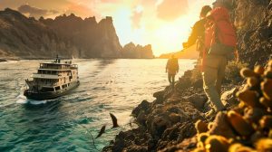 A series of expedition travel scenes in a cohesive, magazine-cover style: 1) a small luxury expedition cruise ship navigating turquoise waters along a rugged remote coastline at sunrise with wildlife near the shore, passengers on deck in adventure gear; 2) a small group trekking across a dramatic desert plateau with jagged cliffs and golden light, backpacks and rugged clothing, guide leading the way; 3) a traveller observing orangutans in a lush rainforest canopy, sunlight filtering through vibrant greenery, immersive wildlife encounter; 4) a small group sharing a traditional meal with a remote village family, rustic outdoor setting, colorful local attire, warm sunlight, natural expressions; ultra-realistic, cinematic lighting, wide-angle perspective, immersive and inspiring, professional photography quality