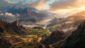 A dramatic and inspiring landscape collage of land-based adventure travel: rugged mountain trails, dense jungles, remote villages, winding desert paths, and travelers trekking, camping, or exploring cultural sites, warm natural lighting with golden hour highlights, cinematic and immersive composition, high-detail textures, realistic yet slightly artistic, epic perspective, conveys adventure, discovery, and off-the-beaten-track experiences for 2026, A4 layout, magazine-quality finish