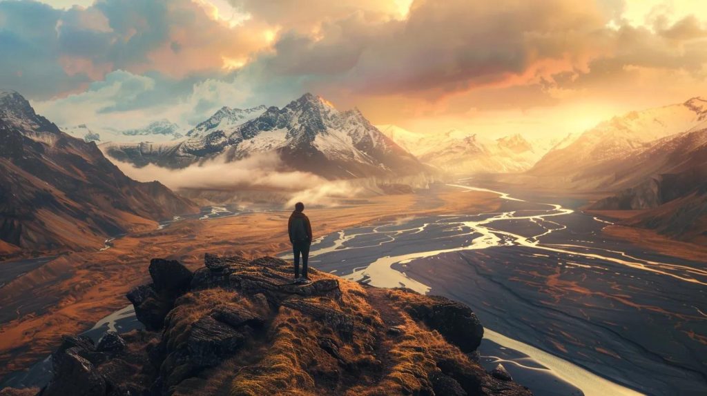 Magazine-cover style cinematic photo of a lone traveller overlooking a stunning off-the-beaten-track landscape, combining rugged mountains, winding rivers, and dramatic skies, representing adventure and personalised travel, soft golden light, high-resolution, immersive, realistic textures, evokes inspiration and discovery, travel photography style