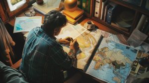 Artistic image of a personalised travel planning scene: a traveller reviewing a bespoke itinerary with a planner at a cozy desk, maps and travel brochures around, warm natural lighting, cinematic magazine-style composition, inviting and professional, high detail, realistic textures, storytelling travel scene