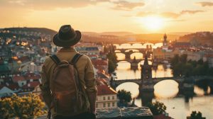A sophisticated traveller standing at a scenic overlook, gazing toward a vibrant cultural city blending history and modernity, symbolising freedom of choice and personal journeys. Editorial travel photography, wide-angle composition, warm natural light, cinematic detail, magazine cover style.