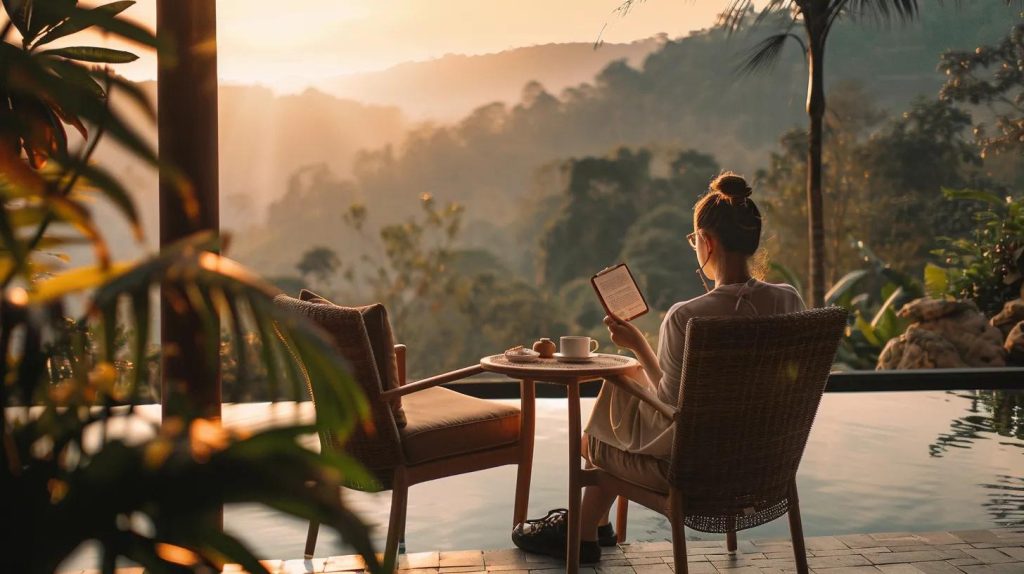 A traveller sitting at a boutique hotel terrace with a coffee, reviewing a beautifully designed personalised travel itinerary. Minimalist luxury setting, natural textures, lifestyle editorial photo, soft golden morning light, intimate and human-focused composition.