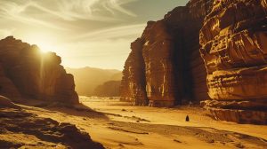 Saudi Arabia travel, panoramic desert landscape at Al Ula with dramatic sandstone rock formations under golden sunlight, luxury travellers exploring, cinematic editorial magazine-cover style, realistic detail.