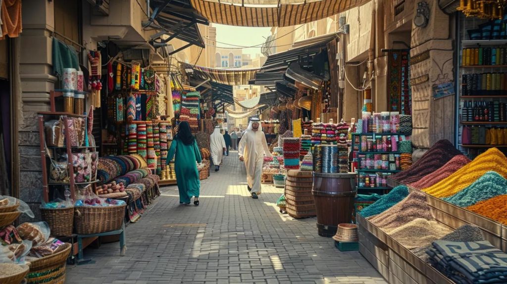 Saudi Arabia cultural experience, vibrant souk scene in Dammam with colourful textiles, spices, incense, and local people interacting, warm natural light, immersive editorial photography, magazine-cover storytelling style.