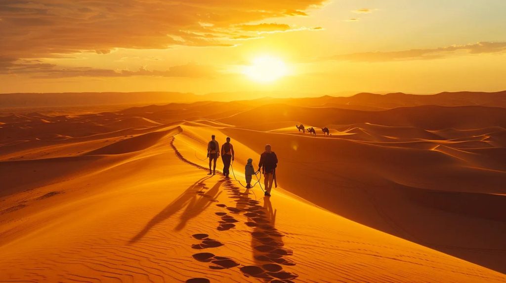 Saudi Arabia desert expedition, small group travellers walking across golden sand dunes with camels in the distance, sunset glow, cinematic composition, off-the-beaten-path adventure, editorial magazine photography style.