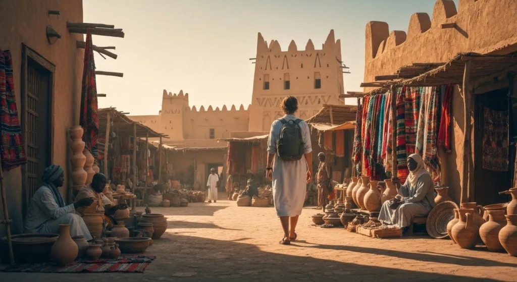 Magazine-cover style image of a traveller exploring a remote cultural destination in Saudi Arabia or Africa: walking through a traditional marketplace, interacting with local artisans, colourful fabrics and pottery on display, historic architecture in the background, warm sunlight, cinematic composition, high-resolution, realistic textures, immersive and inspiring travel photography, evokes discovery and unique cultural experiences