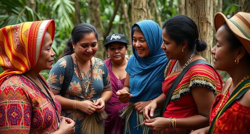 Group of women in traditional attire engaging in conversation in a lush rainforest setting, highlighting cultural exchange and biodiversity experiences in jungle expeditions.