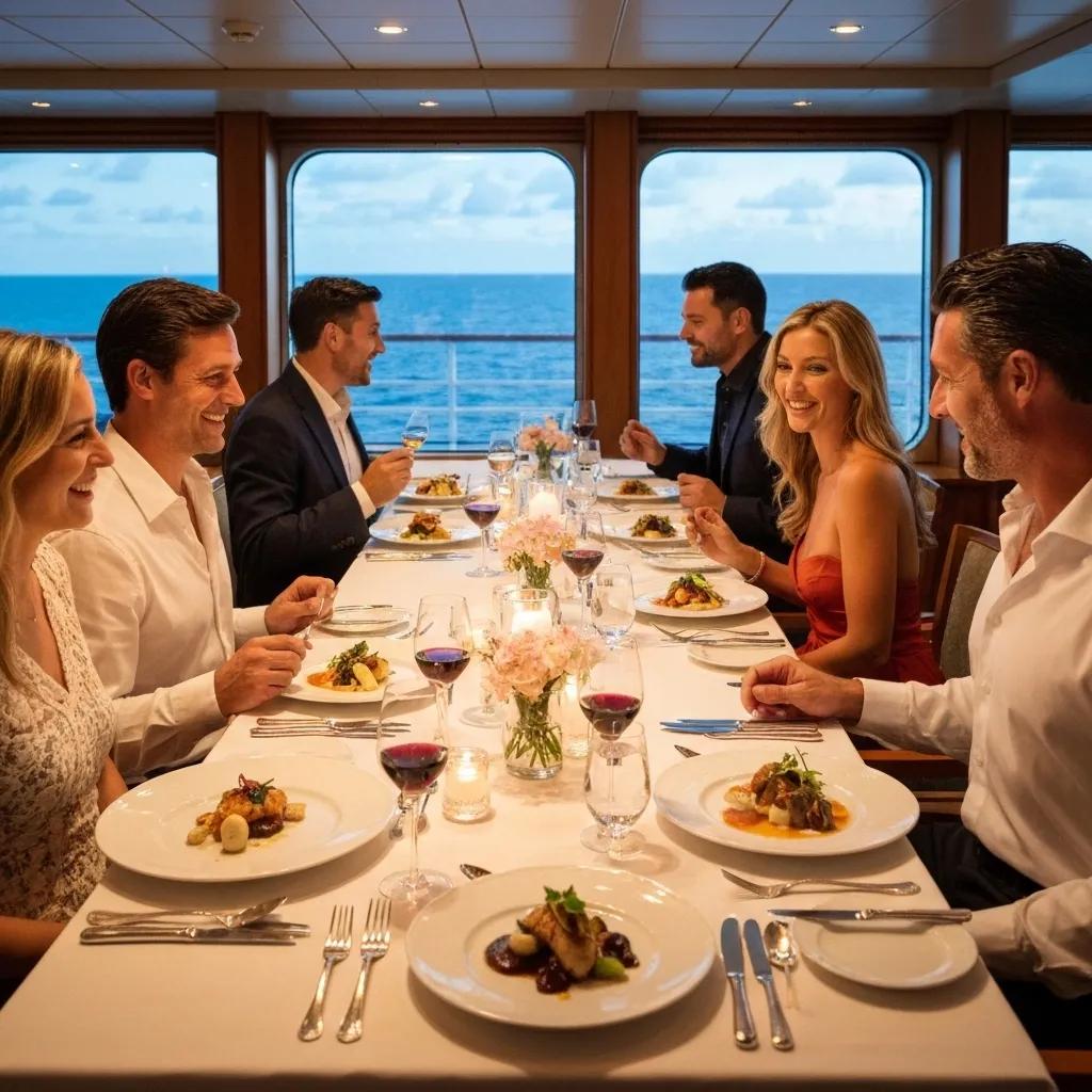 An exquisite gourmet dining experience aboard a luxury cruise, featuring beautifully presented dishes.