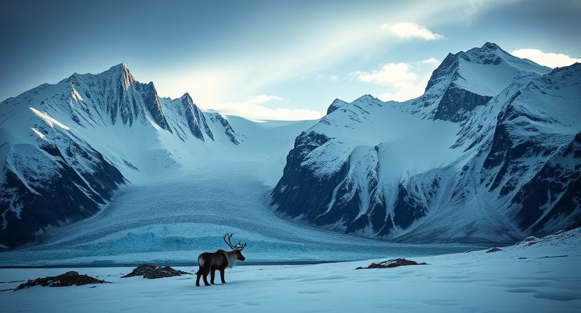 Reindeer standing on snowy terrain with majestic mountains and a glacier in the background, representing the beauty of expedition travel in remote destinations.