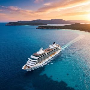 Luxury cruise ship sailing in clear waters with beautiful coastal scenery