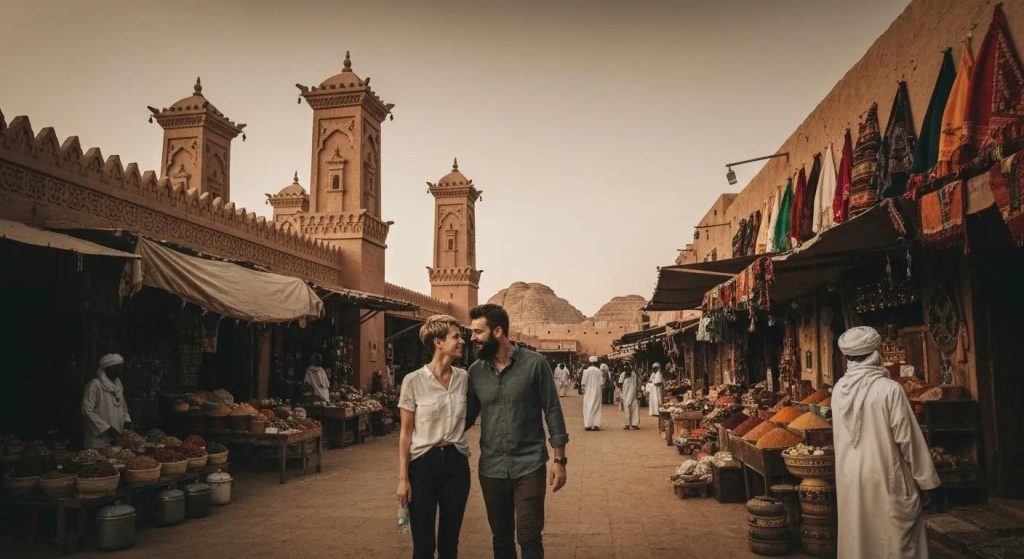 A couple exploring a remote cultural destination in Africa or Saudi Arabia — intricate local architecture, colourful markets, and authentic cultural encounters. Editorial travel photography, rich tones, immersive storytelling, dramatic magazine style.